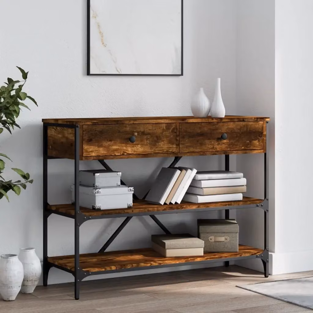 Tavolino Consolle DESIGN IN in Rovere e Metallo Marrone con Ripiani e Cassetti L: 100 cm, P: 40 cm, H: 75 cm – 2
