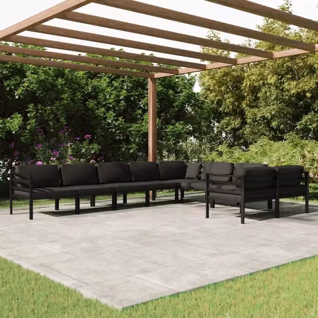 Set di Divani da Giardino vidaXL 9 Pezzi a Forma di L con Cuscini in Alluminio Antracite e Tessuto Moderno – 1
