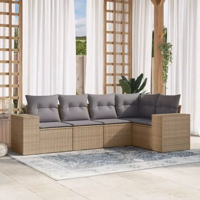 Set Divano da Giardino 5 pz con Cuscini Beige in Polyrattan 3222528