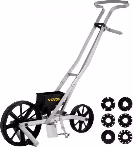 Seminatrice da giardino manuale VEVOR in alluminio e plastica, spandiconcime a spinta con due ruote, colore argento