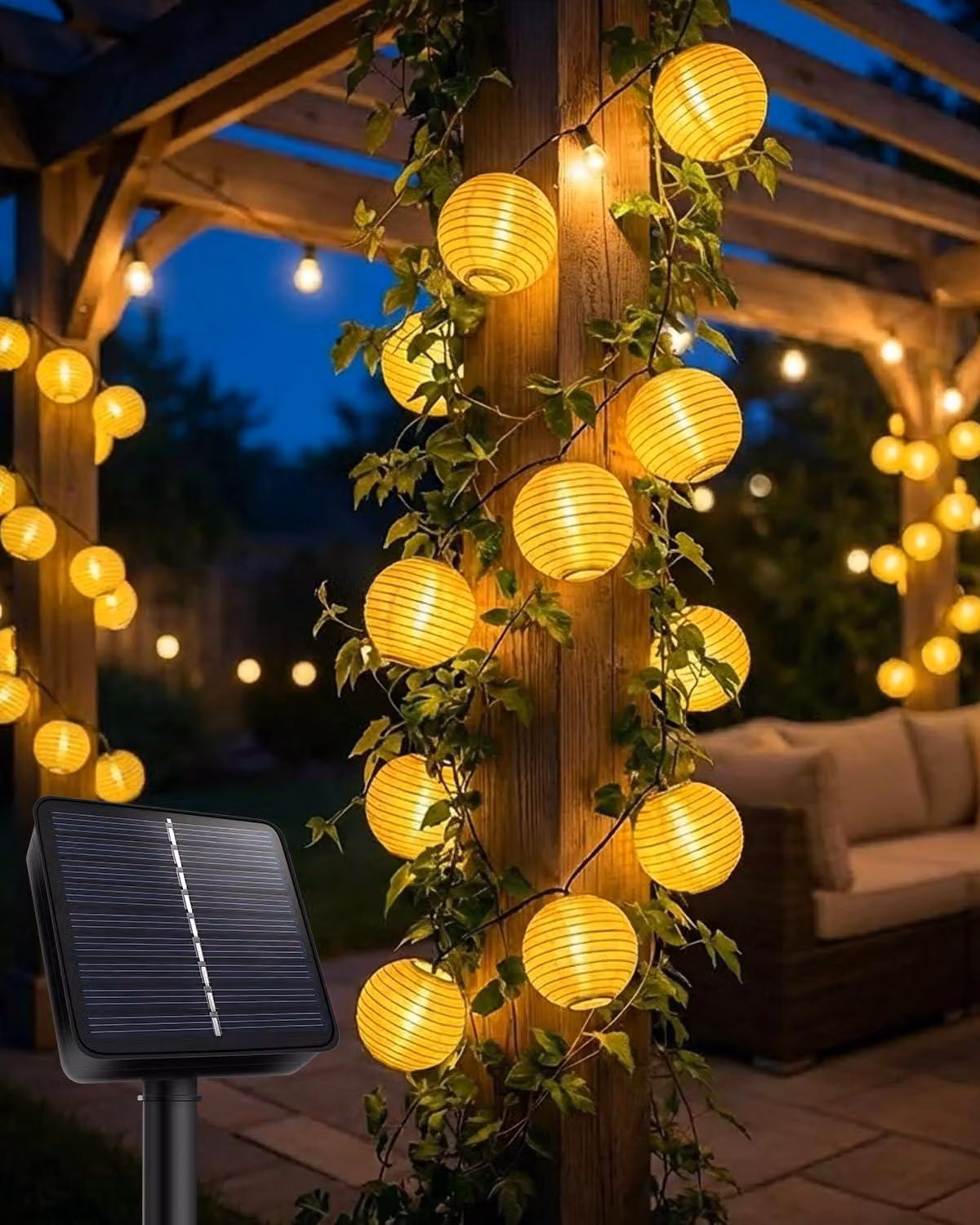Catena luminosa solare, 8 metri, 30 lanterne a LED, luce bianco caldo, 8 modalità