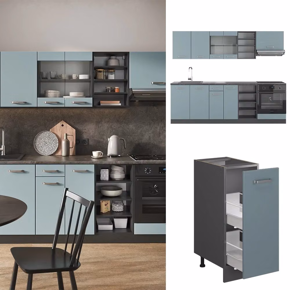 Cucina componibile moderna Vicco R-Line in legno e metallo, colore blu e antracite opaco, L: 240 cm – 2