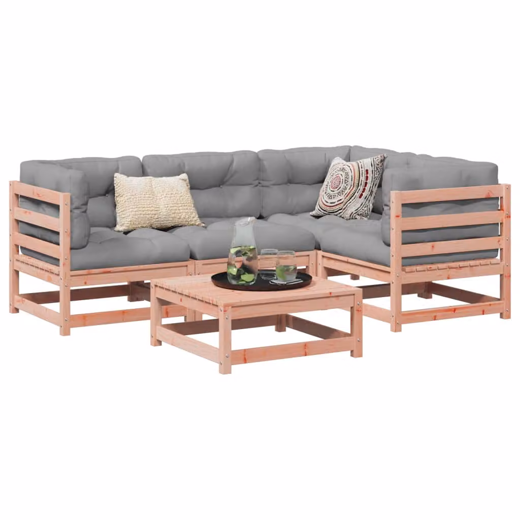 Set di Divani da Giardino vidaXL 5 Pezzi in Legno Massello con Cuscini, Design Moderno a L, Colore Marrone e Grigio – 1