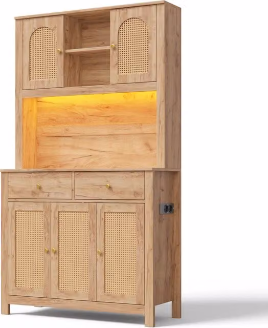 Mobile alto in MDF con 5 ante in rattan, 2 cassetti e illuminazione LED RGB, 100×40×180 cm, con prese integrate per soggiorno e cucina