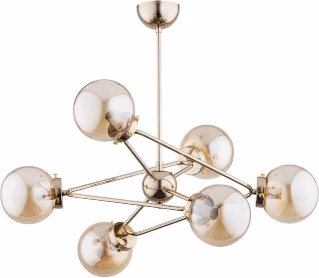 Lampadario a sospensione Alfa Resto in metallo e vetro oro e ambra con 6 luci E14, dimmabile, H: 66 cm, L: 57 cm, P: 24 cm