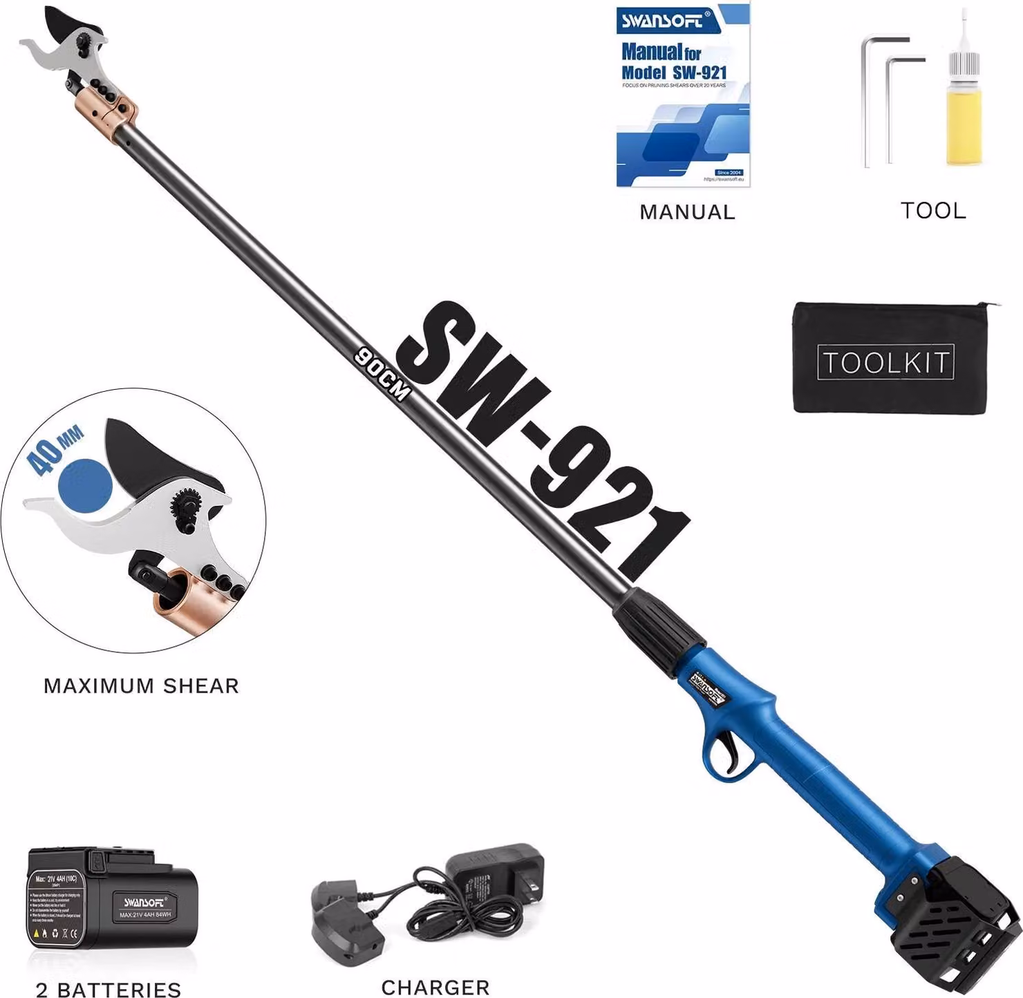 Potatore per alberi, motore brushless, lama in acciaio SK5, SW-921 0,9M, due batterie