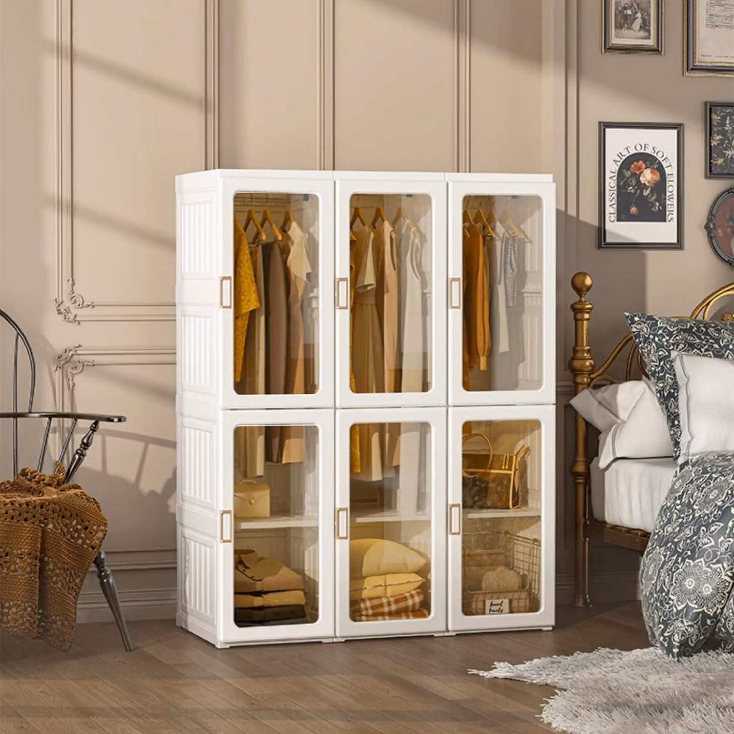 Armadio pieghevole 104x136x50 cm con asta appendiabiti e ante magnetiche, colore marrone trasparente