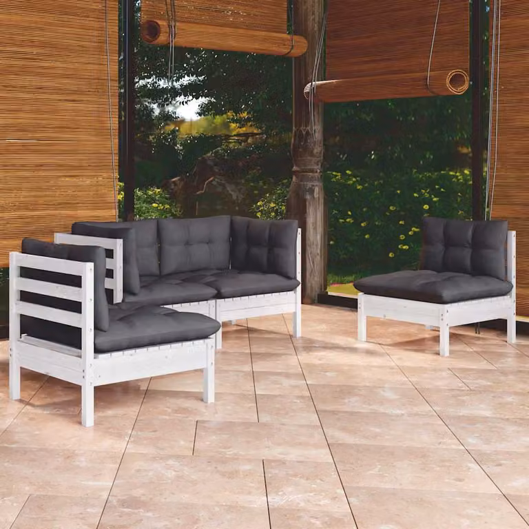 Set Salotto da Giardino vidaXL a Forma a L in Legno di Pino Trattato con Cuscini Bianchi e Antracite