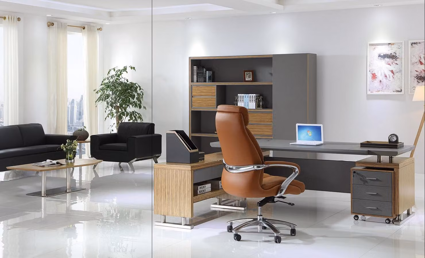 Designer Büro Arbeit Zimmer Set Regal Tisch Sessel Komplett Set Möbel 3tlg.