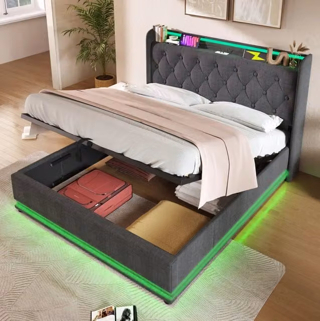Letto matrimoniale imbottito MODFU in lino grigio con contenitore idraulico, illuminazione LED e porta USB, L/P: 140 x 190 cm