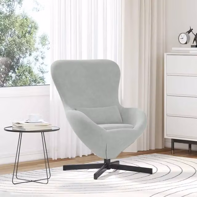 Poltrona girevole design uovo in velluto grigio chiaro con struttura in metallo L: 63 cm, P: 73 cm, H: 90 cm