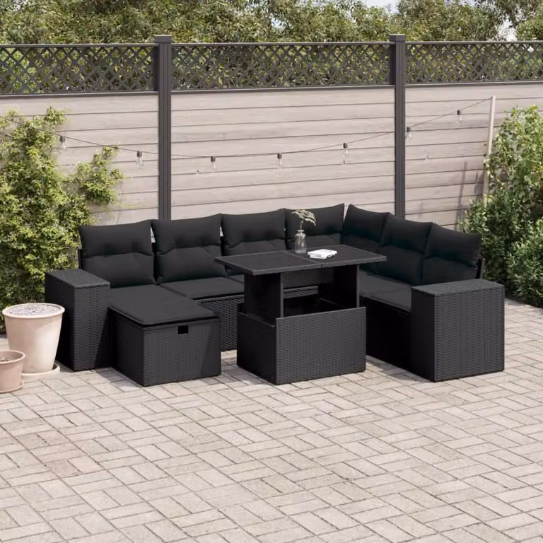 vidaXL Set Divani da Giardino a L in Polyrattan Nero con 8 Cuscini e Tavolino
