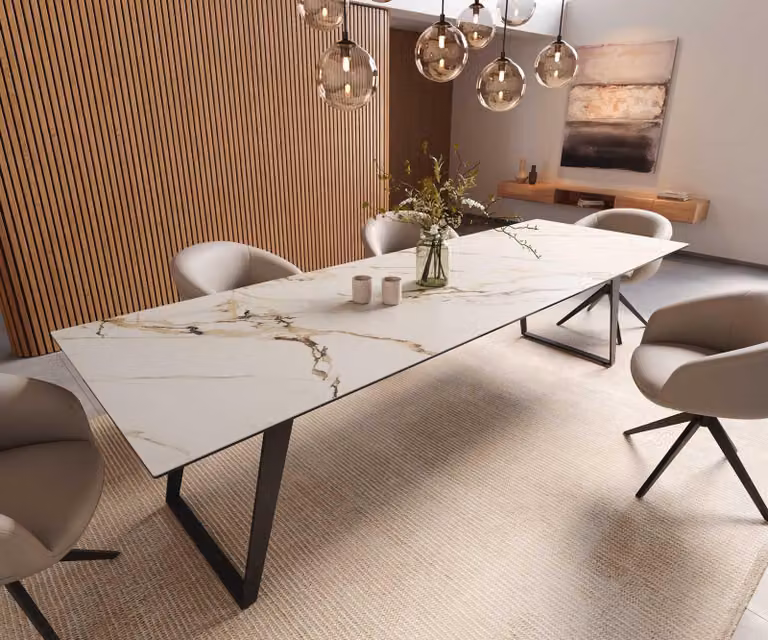 Tavolo da pranzo DELIFE Edge 300x100 Vetroceramica Calacatta Luxe Bianco-Oro-Grigio Metallo Obliquo Nero