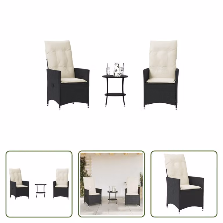 The Living Store Set bistrot 3 pezzi con cuscini in poly rattan nero