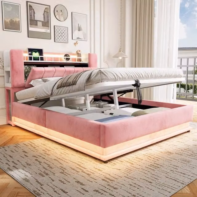 Letto imbottito rosa 160x200 con LED; USB e contenitore idraulico