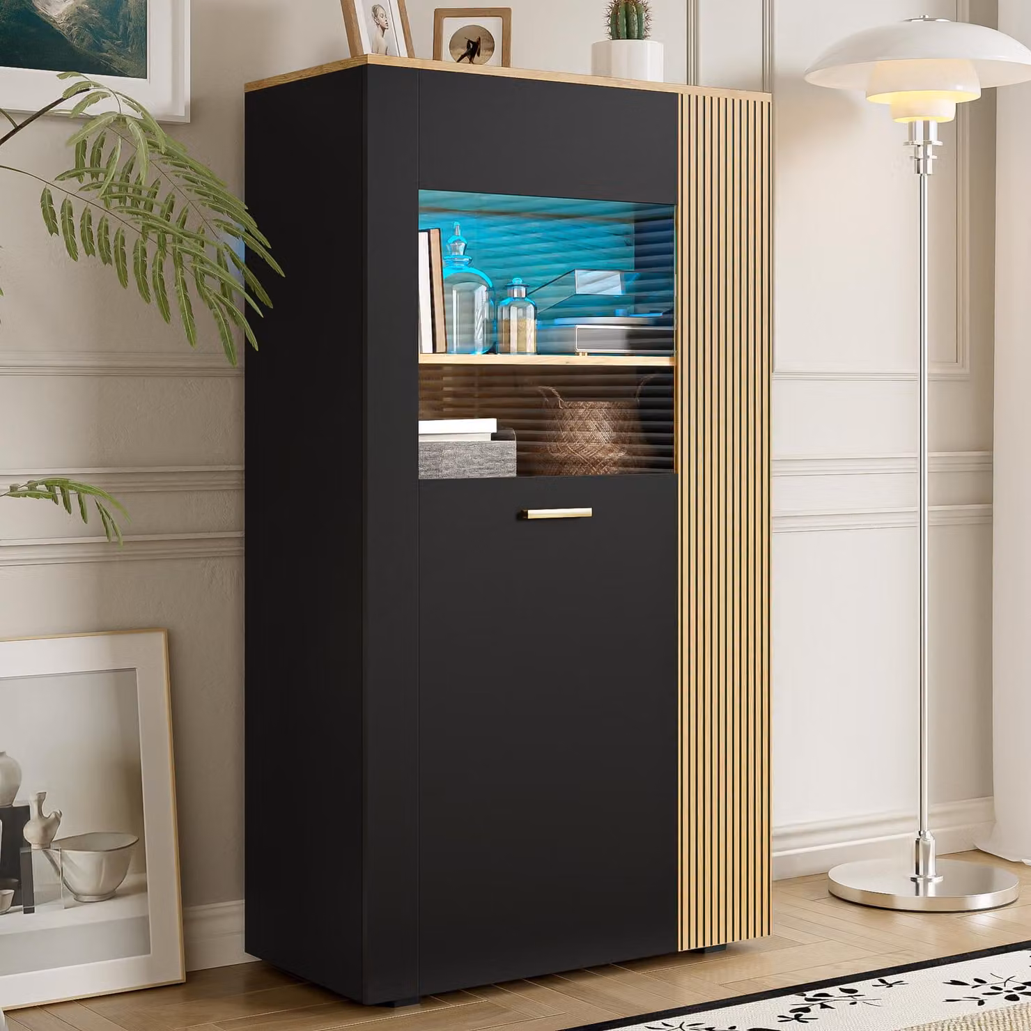 Armadietti da cucina Flieks con luci LED a 16 colori, credenza da cucina con 3 ripiani fissi e 2 ripiani regolabili, mobile contenitore per soggiorno, colore: nero e legno naturale