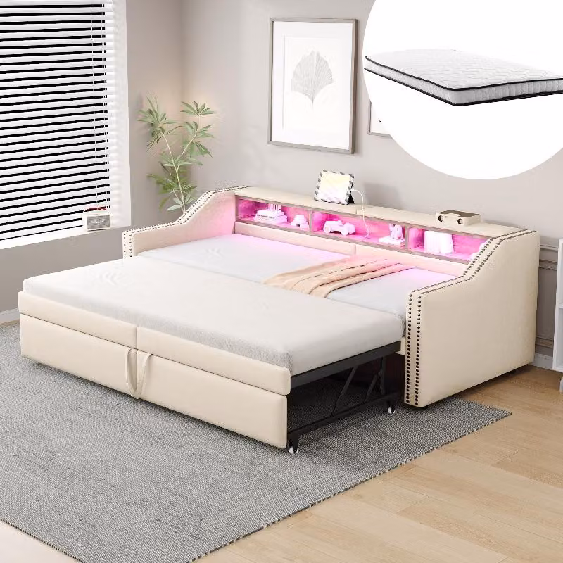 Divano letto 90/180x200 cm, estendibile, con struttura imbottita beige, illuminazione LED, prese USB, 3 vani portaoggetti, rete a molle, 2 materassi a molle e schienale