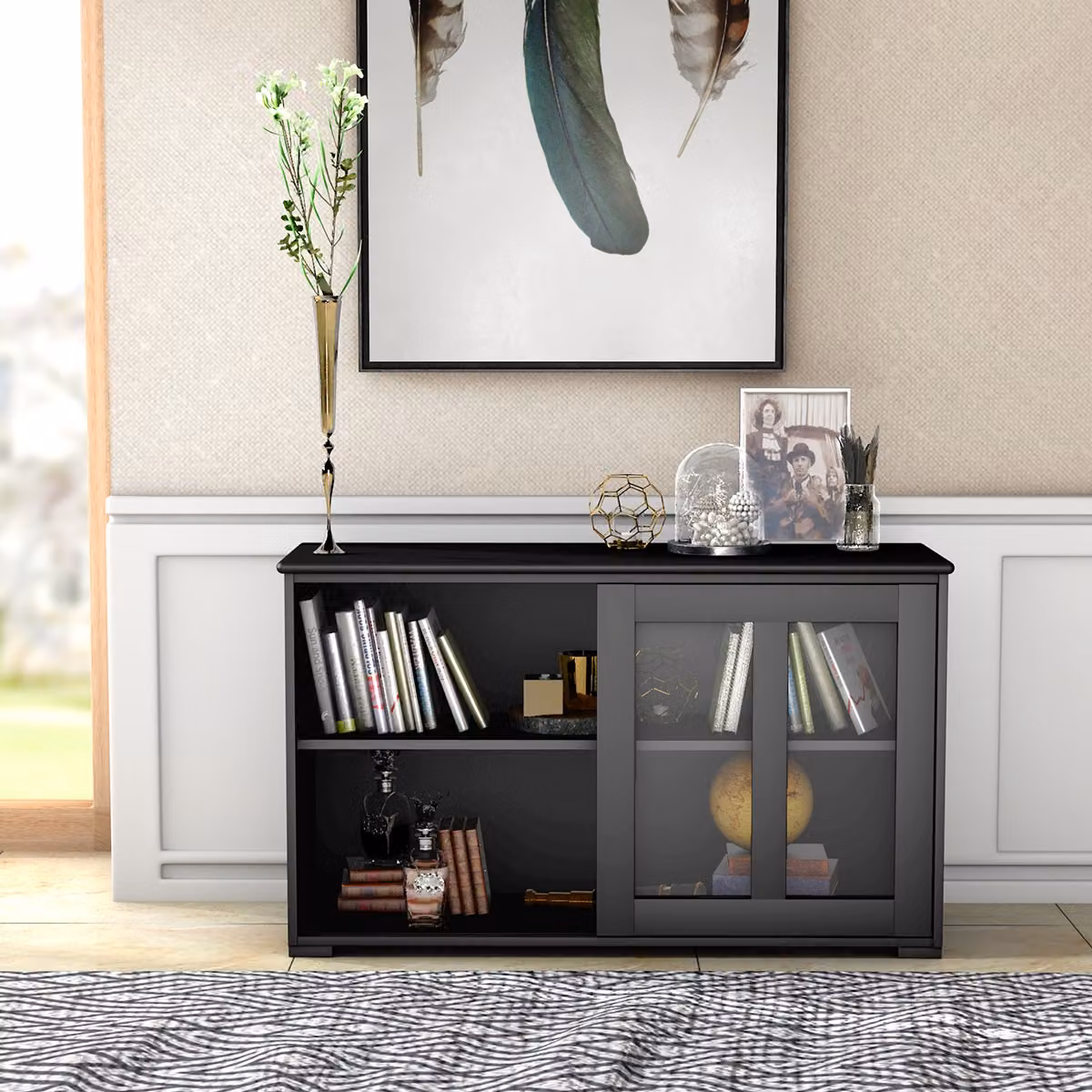 Armadietto da cucina multifunzione Costway in MDF con ante scorrevoli, Nero, L: 106,5 cm, P: 33 cm, H: 62,5 cm