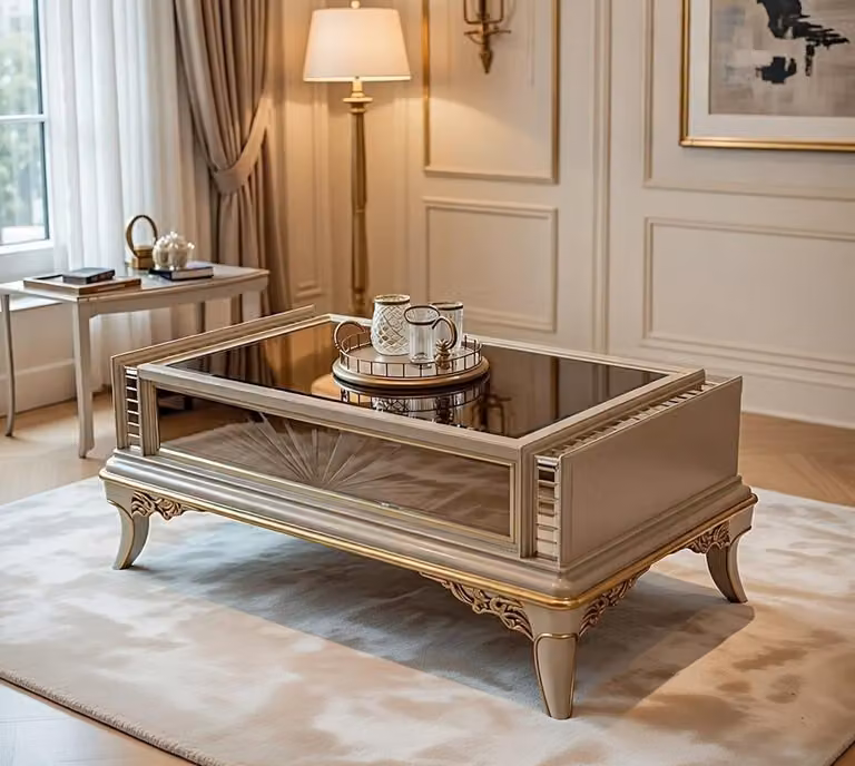 Elegante tavolino da salotto con piano in vetro e dettagli dorati
