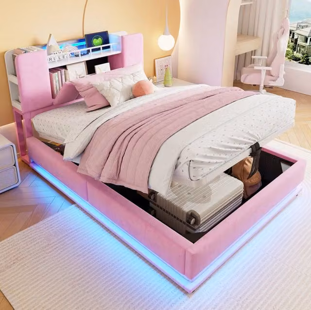 Letto imbottito per bambini 90 x 200 cm rosa con LED, USB e vano contenitore