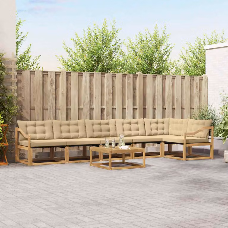 Set di divani da esterno vidaXL 7 pz in legno di acacia con tavolo da caffè e cuscini, Bianco e Beige