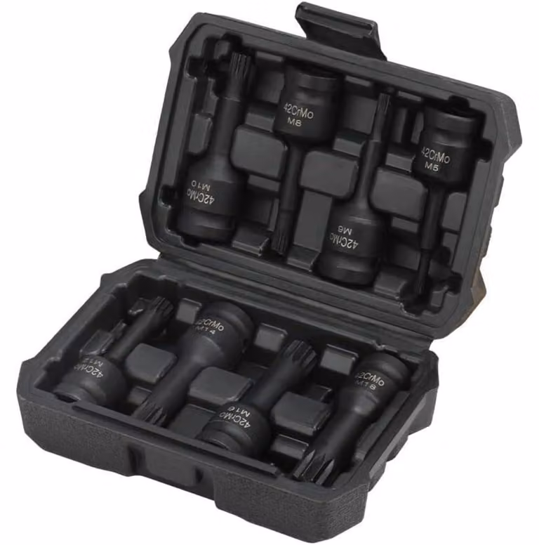 Set di 8 chiavi a bussola esagonali da 1/2", per viti M5-M18, in acciaio CR-MO, con rivestimento in fosfato nero, fornite in valigetta in plastica stampata a iniezione