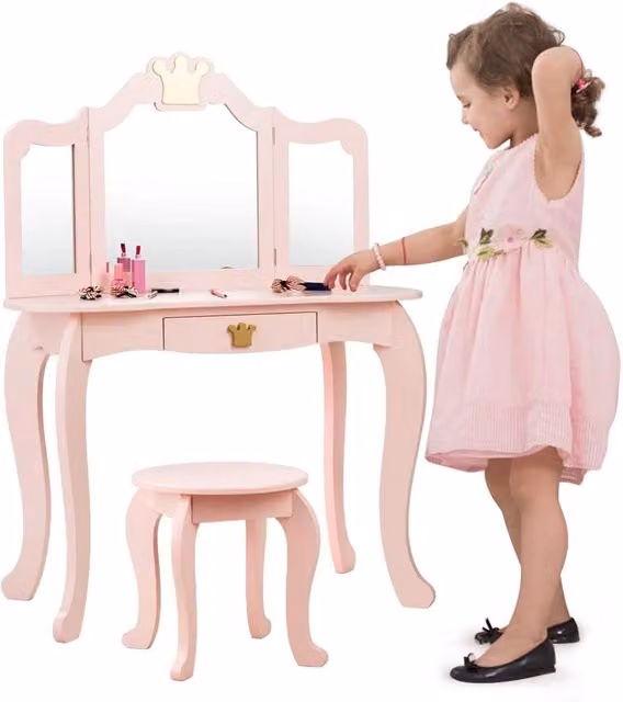 Set Toeletta e Sedia per Bambine Costway con Cassetto e Specchio, Design 2 in 1 Moderno, L: 80 cm, P: 42 cm, H: 105 cm, Rosa – 2