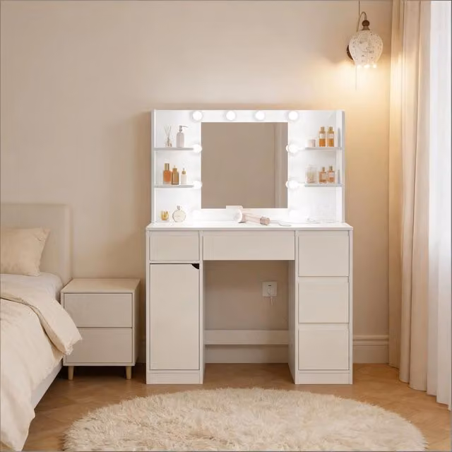 Toeletta Mivray Hollywood LED in legno bianco con specchio a 10 lampadine, 5 cassetti e 4 ripiani, L: 110 cm, H: 140 cm, P: 40 cm