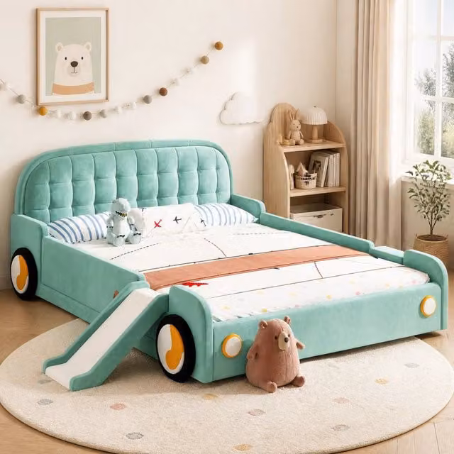 Letto per bambini a forma di auto con scivolo e scala; 140x200 cm; velluto blu-verde