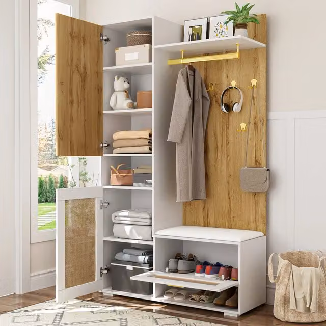 Mobili da ingresso con specchio LED 16 colori 3 ante vani aperti panca e 6 ganci in MDF bianco legno 110 × 38 × 190 cm