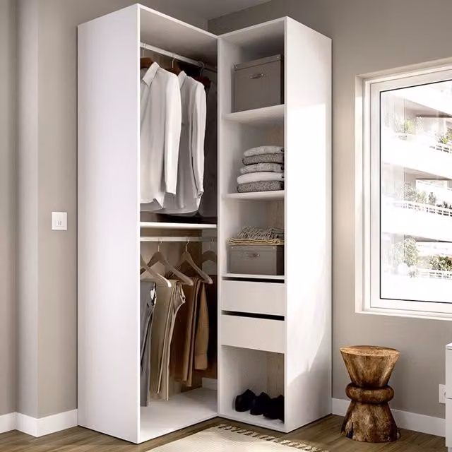 Armadio da camera da letto DMORA con ante scorrevoli e cassetti integrati, design moderno in finitura bianco opaco e rovere, L: 105 cm, H: 205 cm – 1
