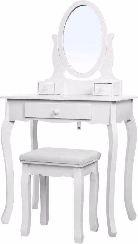 Tripla toeletta bianca con specchio, dalle dimensioni di 70 x 130 x 40 cm.