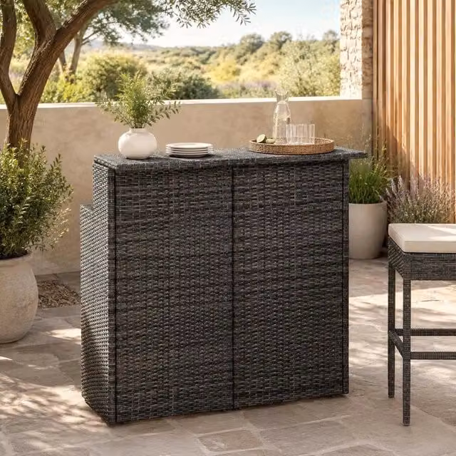 Garden Bar Table, Grey, 120x55x110 Cm, Poly Rattan