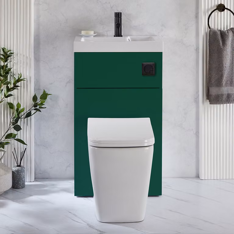 Set Sanitario Sanford Moderno con Lavabo Integrato - Verde Scuro - 500mm x 890mm - Pulsante di Scarico Nero