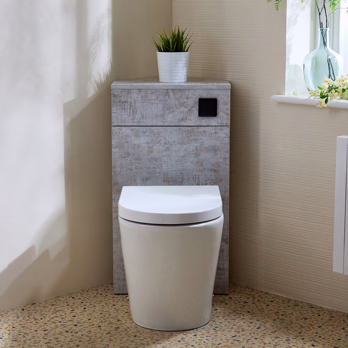 Unità WC Angolare per WC in Grigio Cemento con Sanitario Alswear - con Pulsante di Scarico Nero - Cluo