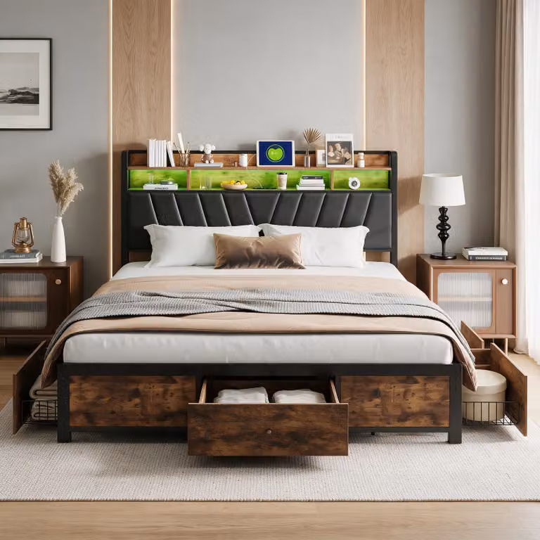 Letto imbottito INONEFT, dimensioni 180x200, con illuminazione LED e funzione di ricarica USB, struttura in metallo con testiera e spazio contenitivo, 4 cassetti, rivestito in PU, colore nero, senza materasso