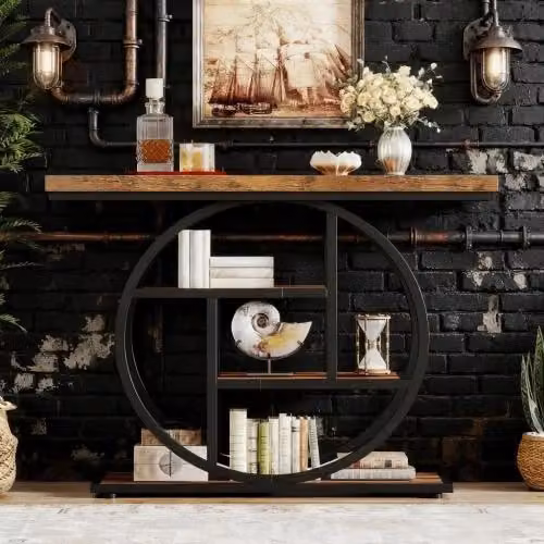 Tavolo Consolle REDOM in Metallo e Legno Stile Rustico Nero e Marrone L: 105 cm, P: 30 cm, H: 80 cm – 2