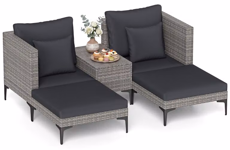Set da giardino in polyrattan COSTWAY da 5 pezzi, mobili da balcone comprendente 2 sedie con cuscini, un pouf e un tavolo, set da terrazza, set da balcone, set da giardino, salottino