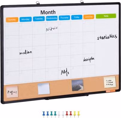 VEVOR Bacheca Magnetica 2 in 1 con Calendario Mensile e Lavagna Cancellabile a Secco, Telaio in Alluminio e Sughero, Montaggio a Parete, L 90 x H 60 x P 1,3 cm