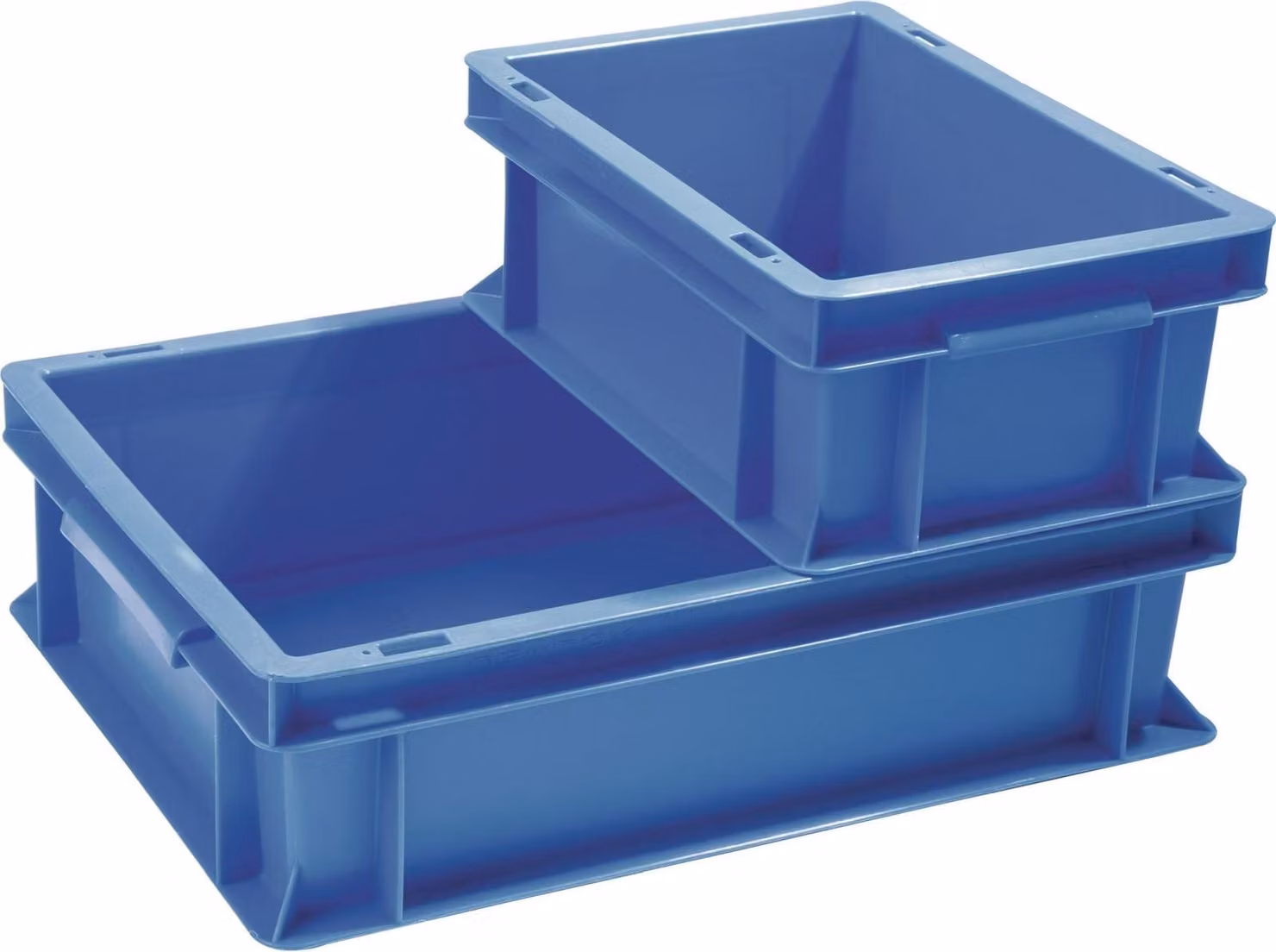 Contenitore impilabile per il trasporto L600 x P400 x A120 mm, blu, in PP, con manico a conchiglia e pareti laterali chiuse