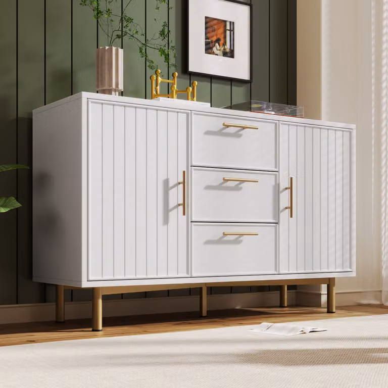STILVORA Comò con 2 ante e 3 cassetti, credenza con ripiano regolabile, mobile ausiliario regolabile in altezza con base e gambe in metallo, bianco