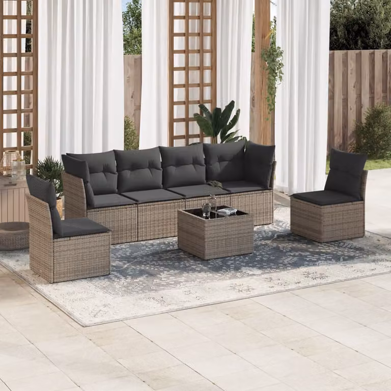 vidaXL Set Divani da Giardino 7 pz con Cuscini Grigio in Polyrattan e Acciaio