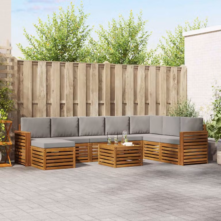 Set di divani da esterno vidaXL a forma di L composto da 9 pezzi in legno di acacia con cuscini, colore grigio e marrone
