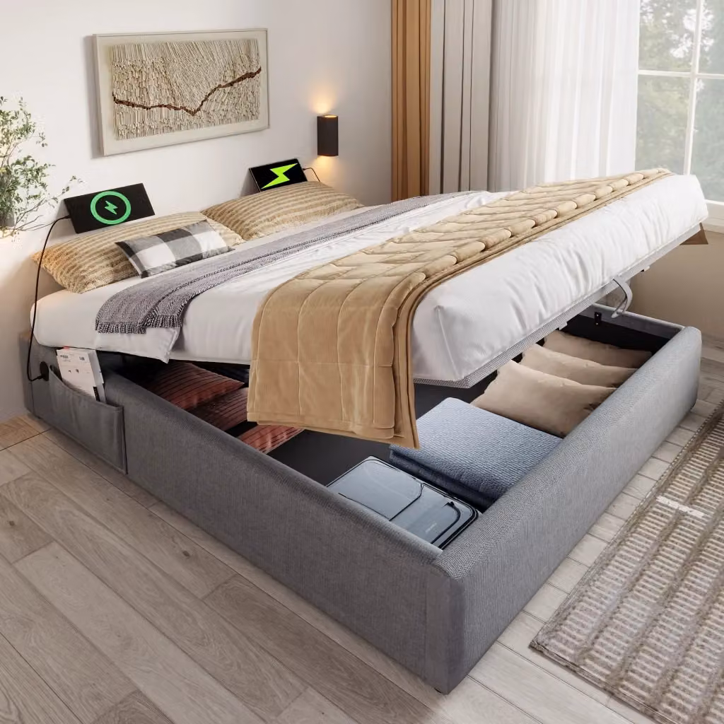 Letto contenitore matrimoniale OKWISH grigio con vano sollevabile e porte di ricarica USB e Type-C, L/P/H: 140 x 200 x 29 cm – 2