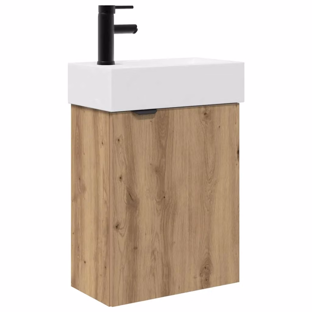 Mobile bagno moderno sospeso vidaXL in legno rovere e ceramica, bianco e marrone, L: 84,0 cm, P: 45,5 cm, H: 22,5 cm – 2