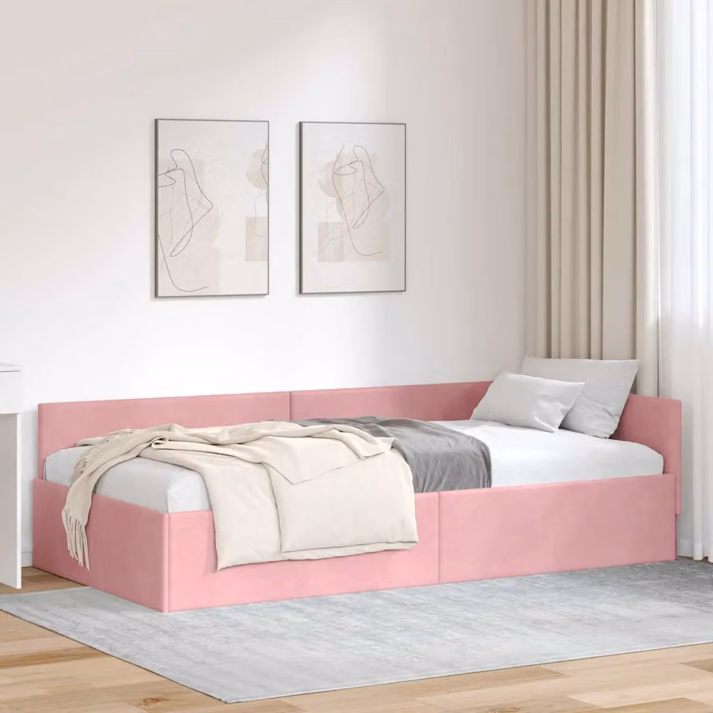 Cornice del letto ad angolo vidaXL in velluto rosa, L/P/H: 200 x 100 x 57 cm
