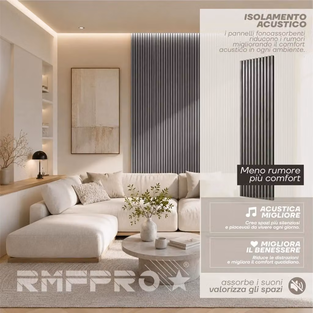 Set di 4 Pannelli Decorativi Parete RMF PRO con Effetto Legno Grigio, Rivestimento Acustico a Listelli in MDF e Feltro, L: 60 cm, H: 240 cm – 2
