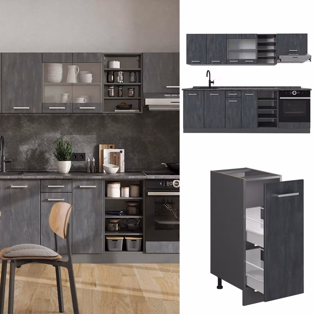 Cucina componibile moderna R-Line Vicco in Calce nera, Antracite e Rovere, L: 240 cm – 2