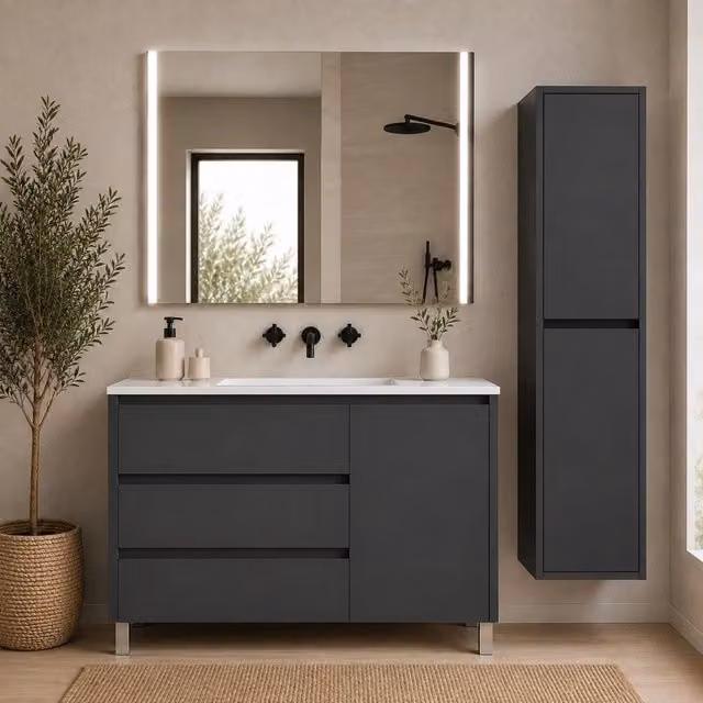 Mobile bagno con 3 cassetti, anta e lavabo ORIGENBATH VOLUM senza specchio 100x45 cm grafite con colonna
