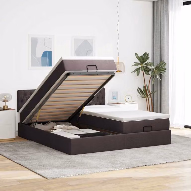 Letto con contenitore a sollevamento vidaXL in tessuto con materasso, illuminazione sottostante e porta USB, L/P/H: 200 x 200 x 88 cm